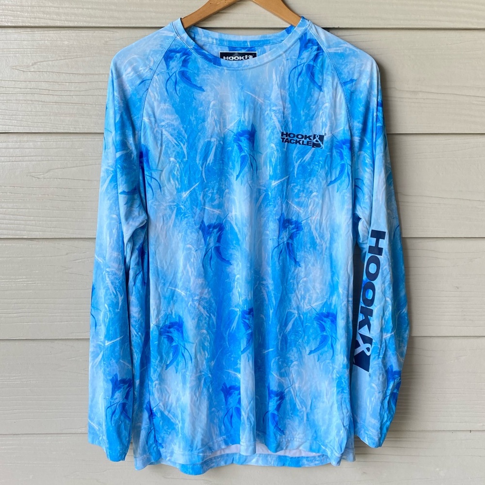 Hook Tackle UPF 50+ Sun Protection Blue Large Long Sleeve Shirt